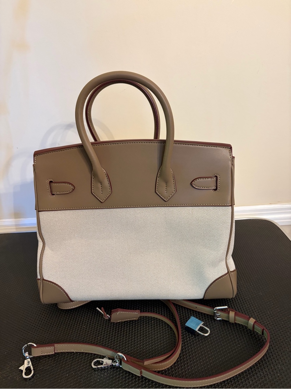 30cm Taupe and Cream Structured Canvas Tote Bag with Top Handles - Picture 10 of 13